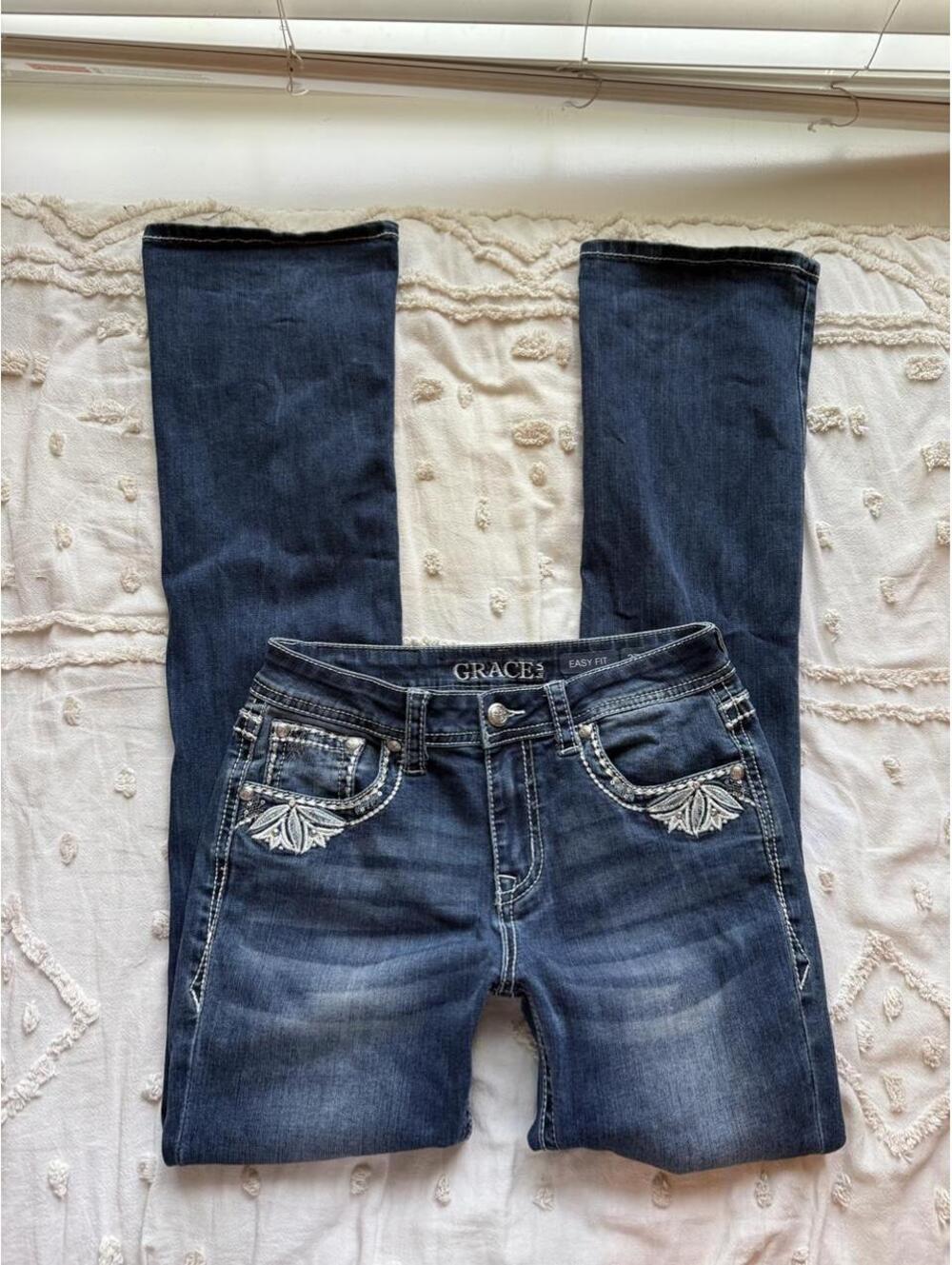 Grace in LA Easy Fit Dark Wash Embroidered Bootcut Jeans Size 27